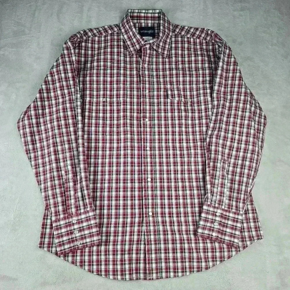 Wrangler Mens Pearl Snap Long Sleeve Red Green White  Plaid Sz L Western Cowboy - Picture 1 of 7